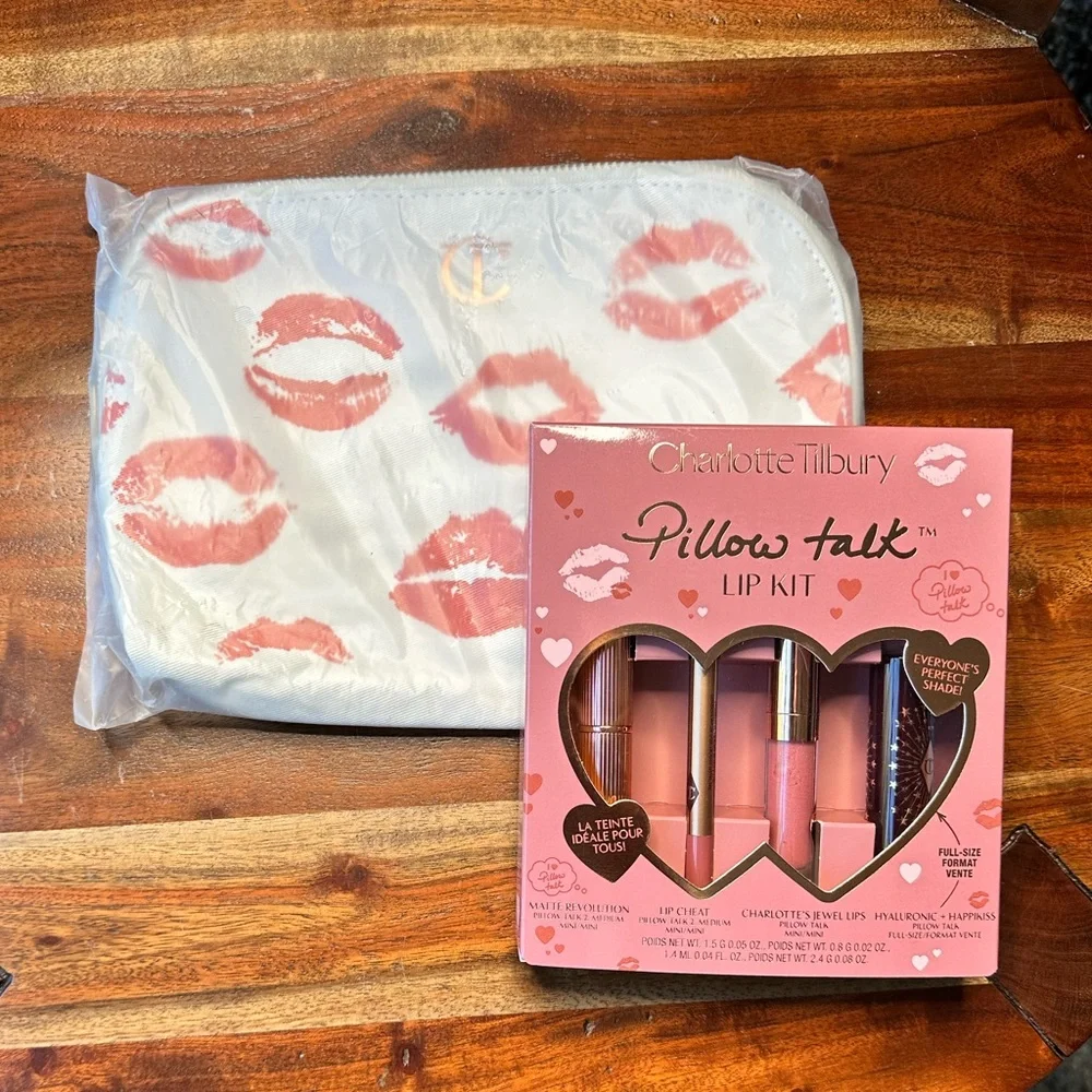 Charlotte Tilbury Pink & White Makeup Bag & Pink Pillow Talk Wardrobe Lip Set